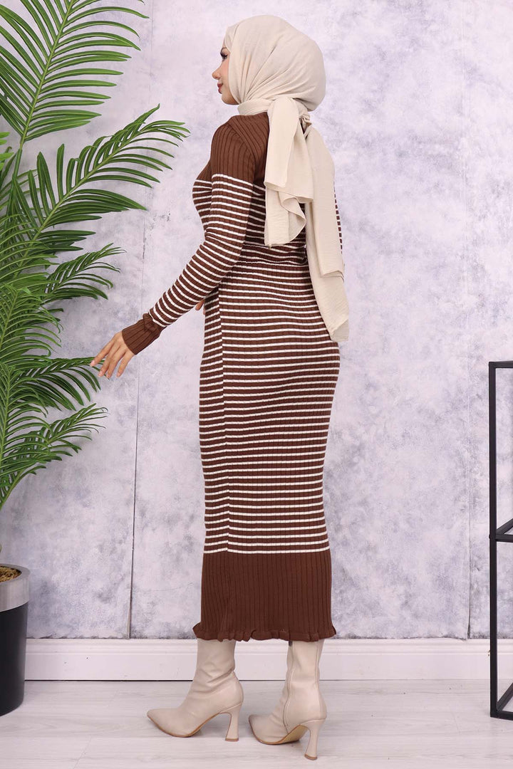 BNG Women Fisherman Collar Striped Dress Brown - Turnhout