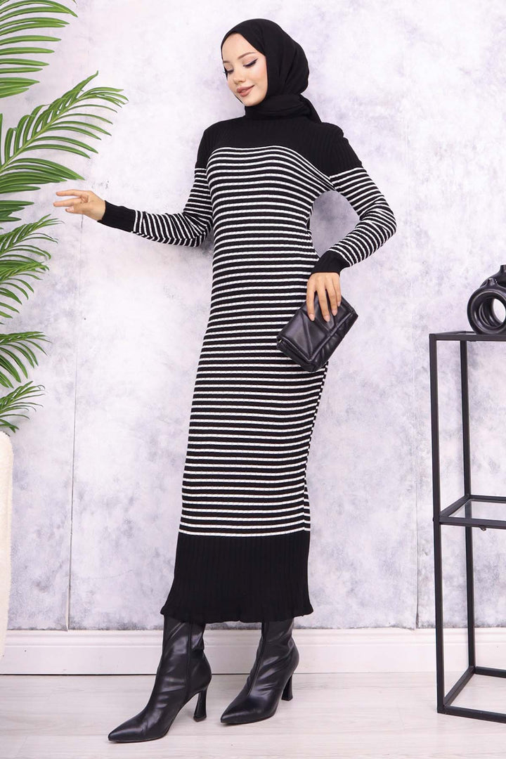BNG Women Fisherman Collar Striped Dress Black - Kaunas