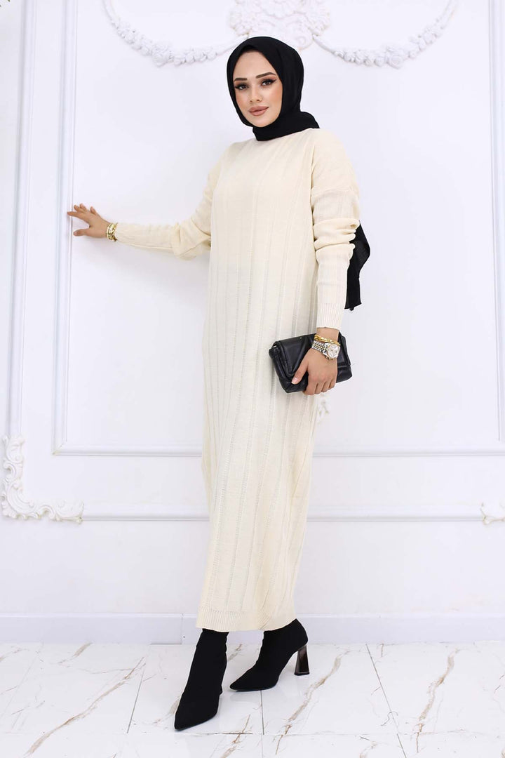 BNG Women Fitilli Triko Elbise Taş Rengi 6081 - Holubivske