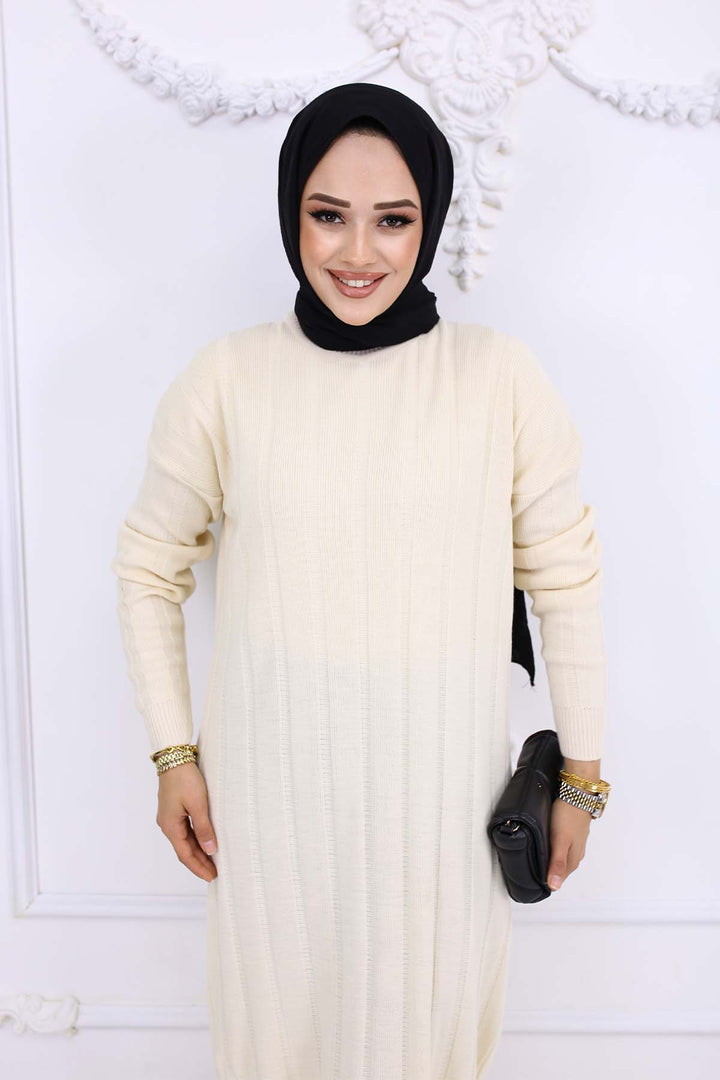 BNG Women Fitilli Triko Elbise Taş Rengi 6081 - Holubivske