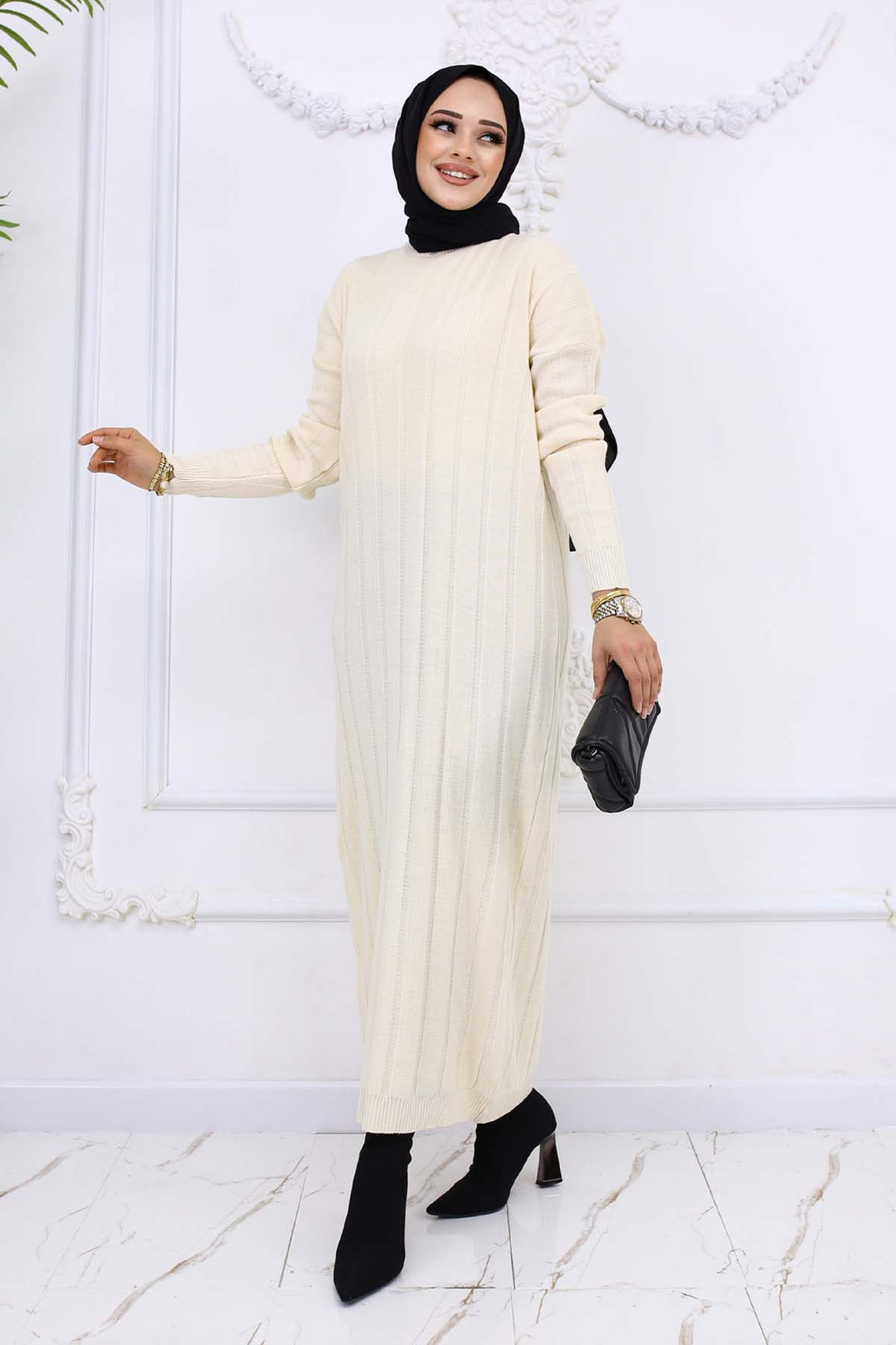 BNG Women Fitilli Triko Elbise Taş Rengi 6081 - Holubivske