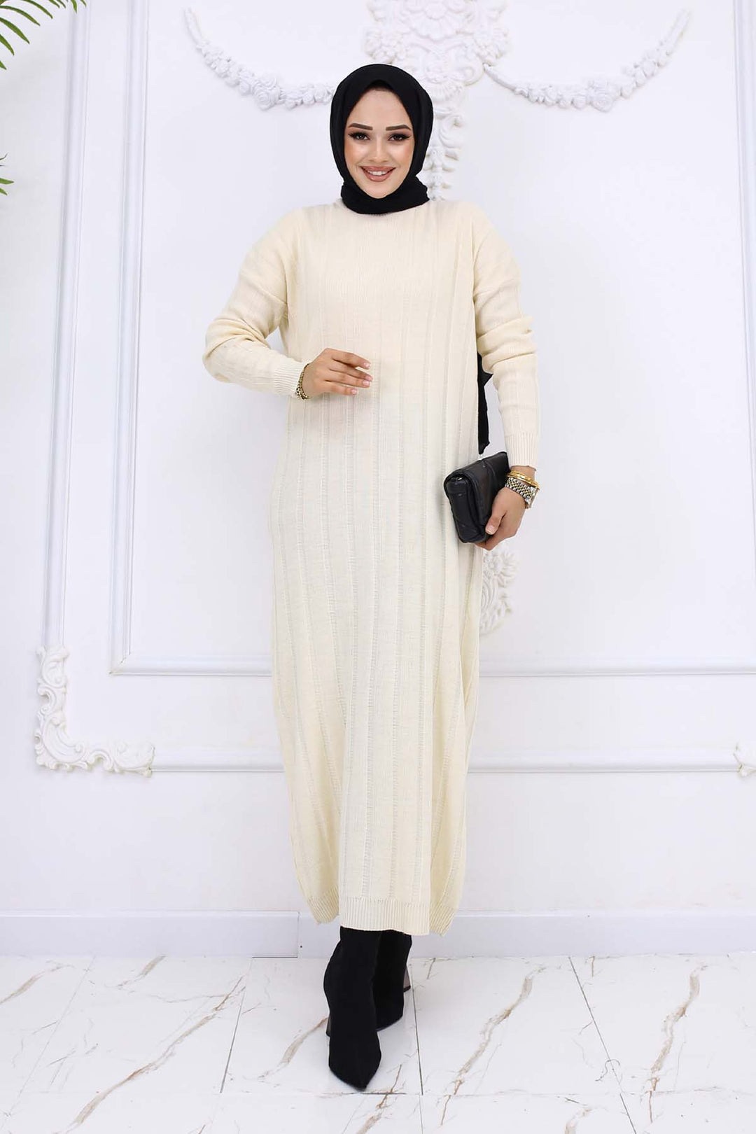 BNG Women Fitilli Triko Elbise Taş Rengi 6081 - Holubivske