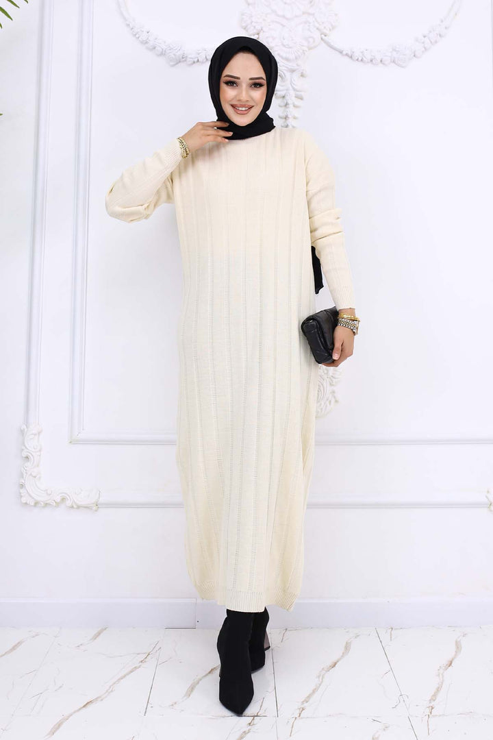 BNG Women Fitilli Triko Elbise Taş Rengi 6081 - Holubivske