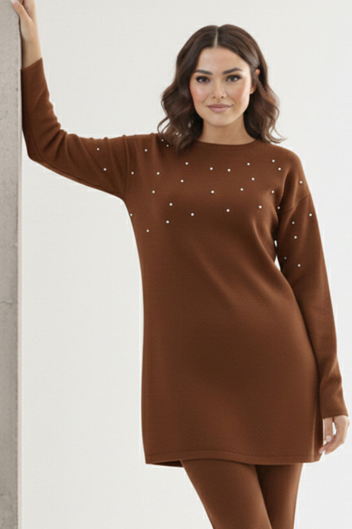BNG Women Taş Detaylı Triko Tunik P6205 Kahverengi - Poinciana