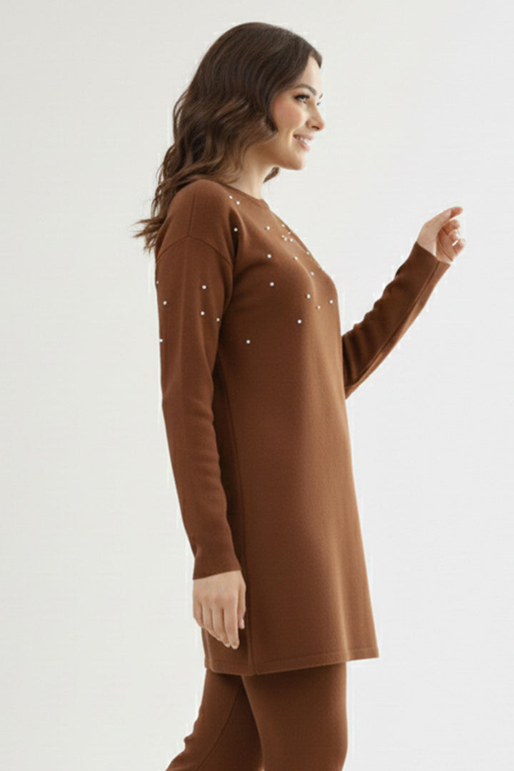BNG Women Taş Detaylı Triko Tunik P6205 Kahverengi - Poinciana
