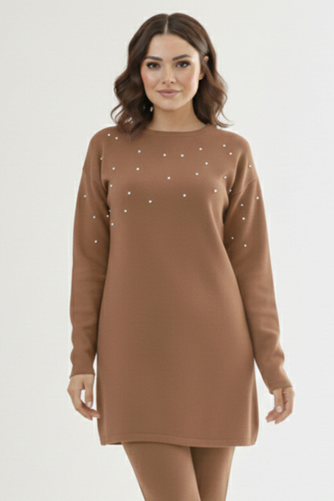 BNG Women Taş Detaylı Triko Tunik P6205 Vizon - Wilkes-Barre