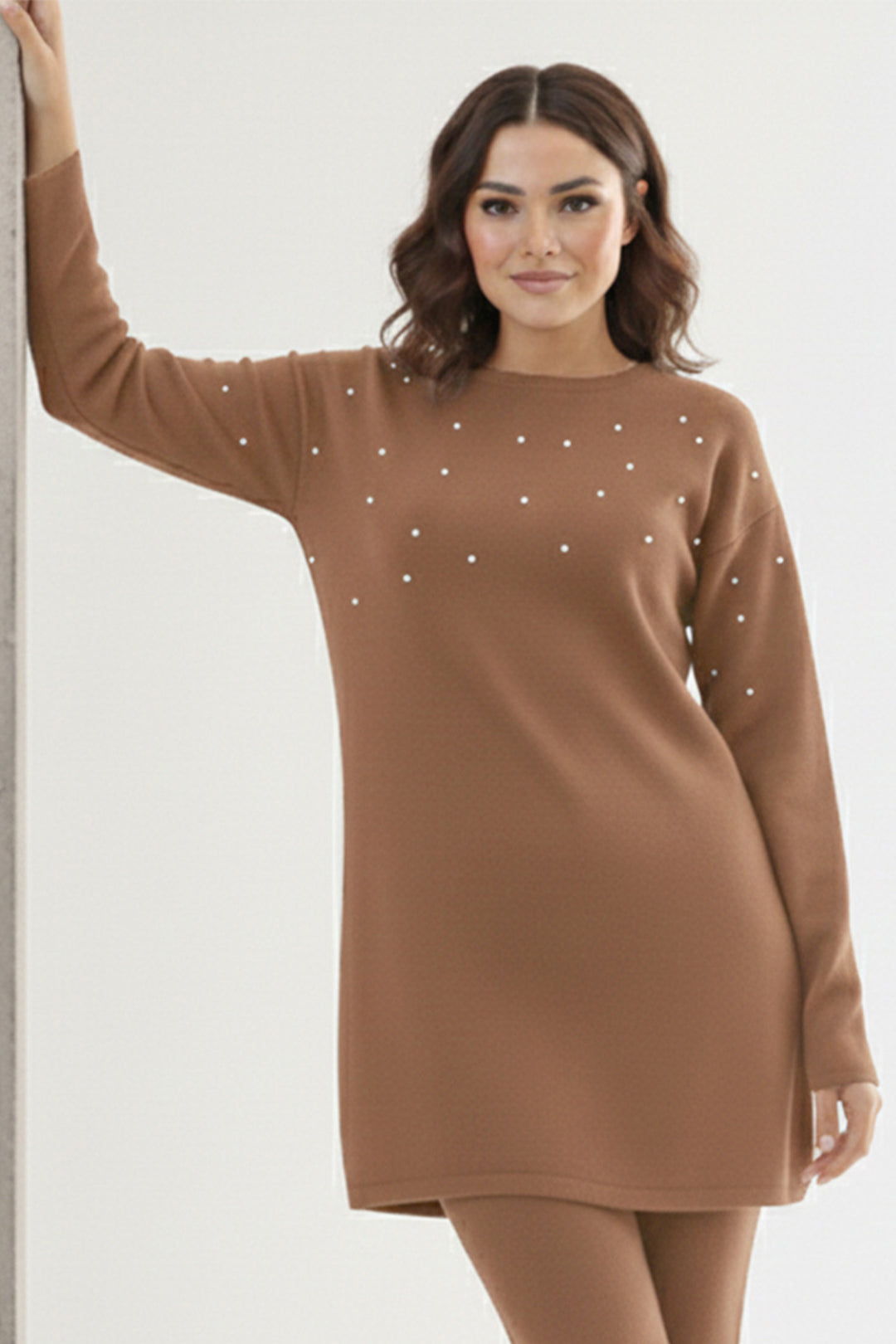 BNG Women Taş Detaylı Triko Tunik P6205 Vizon - Wilkes-Barre