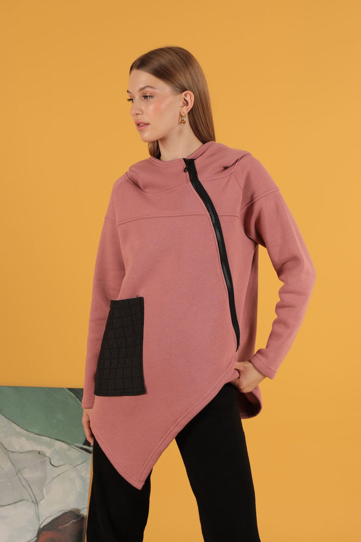 KKT Three Yarn Knitted Fabric Asymmetrical Zipper Women's Cardigan-Light Pink - Phenix City