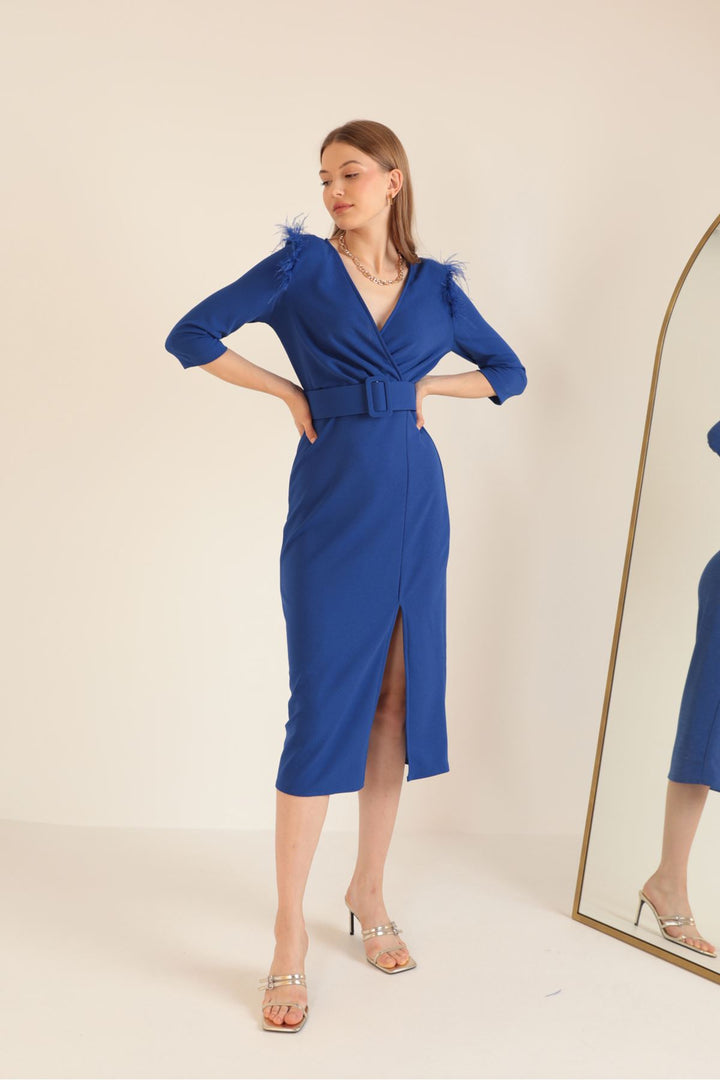KKT Crepe Fabric Wrap Women's Dress-Sax - Moita