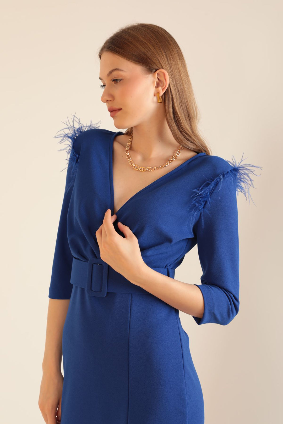 KKT Crepe Fabric Wrap Women's Dress-Sax - Moita