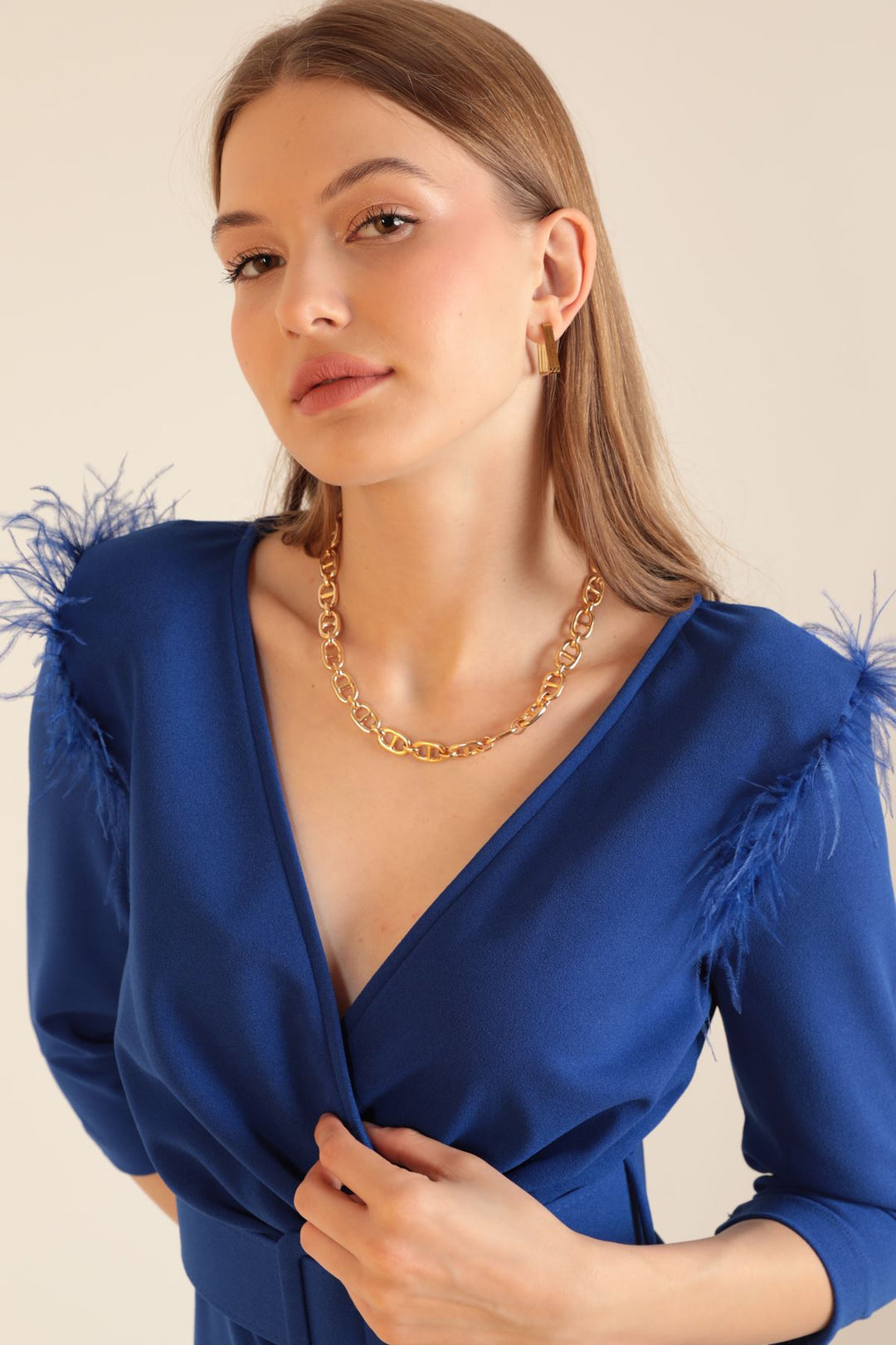 KKT Crepe Fabric Wrap Women's Dress-Sax - Moita