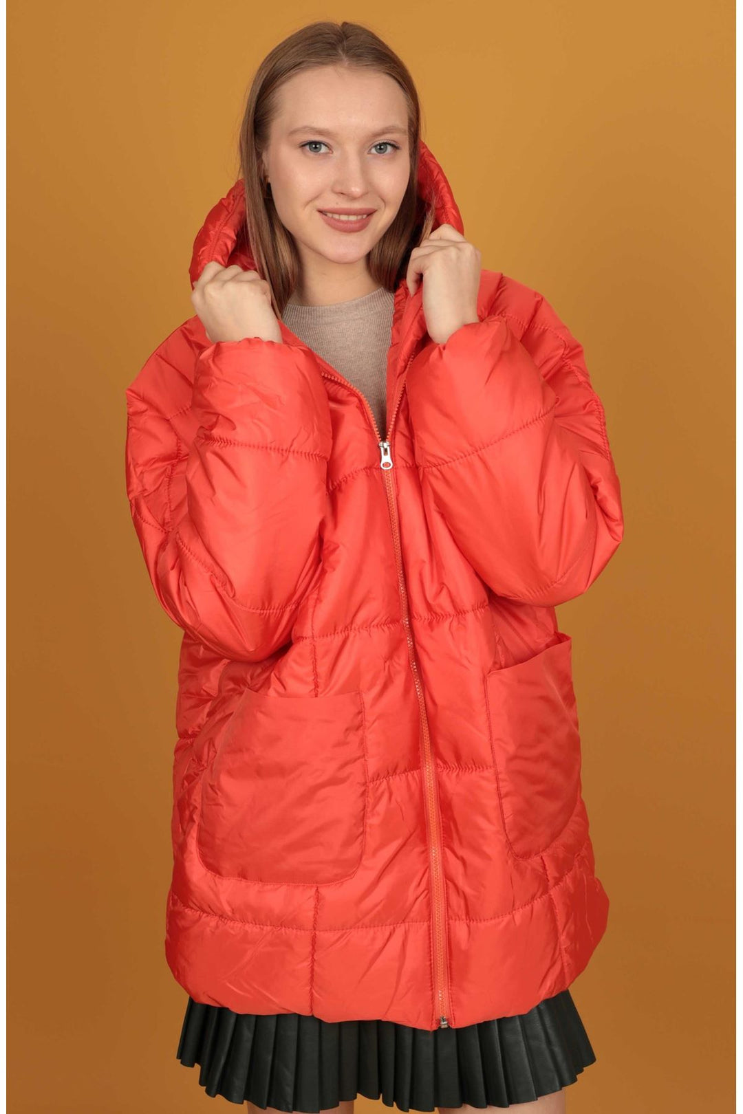 KKT Quilted Fabric Oversize Women's Coat-Orange - Bethesda