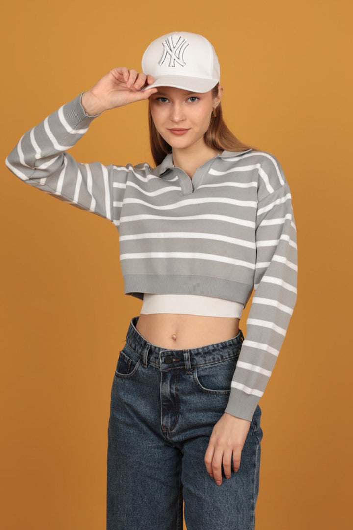 KKT Shirt Collar Knitwear Striped Crop-Grey - Placentia