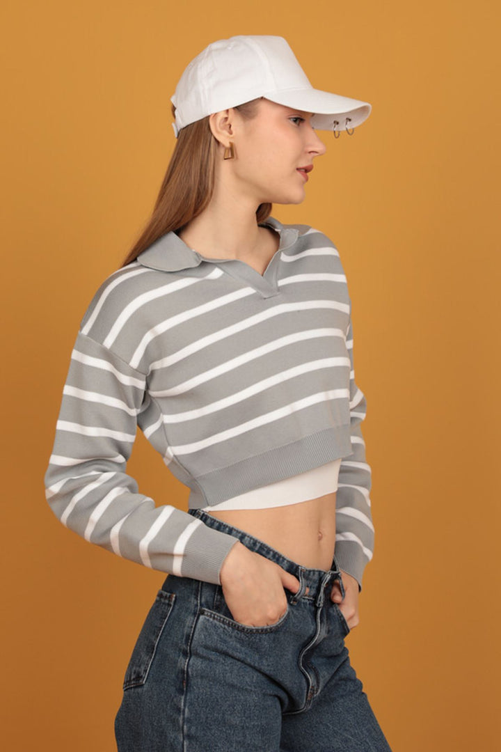 KKT Shirt Collar Knitwear Striped Crop-Grey - Placentia