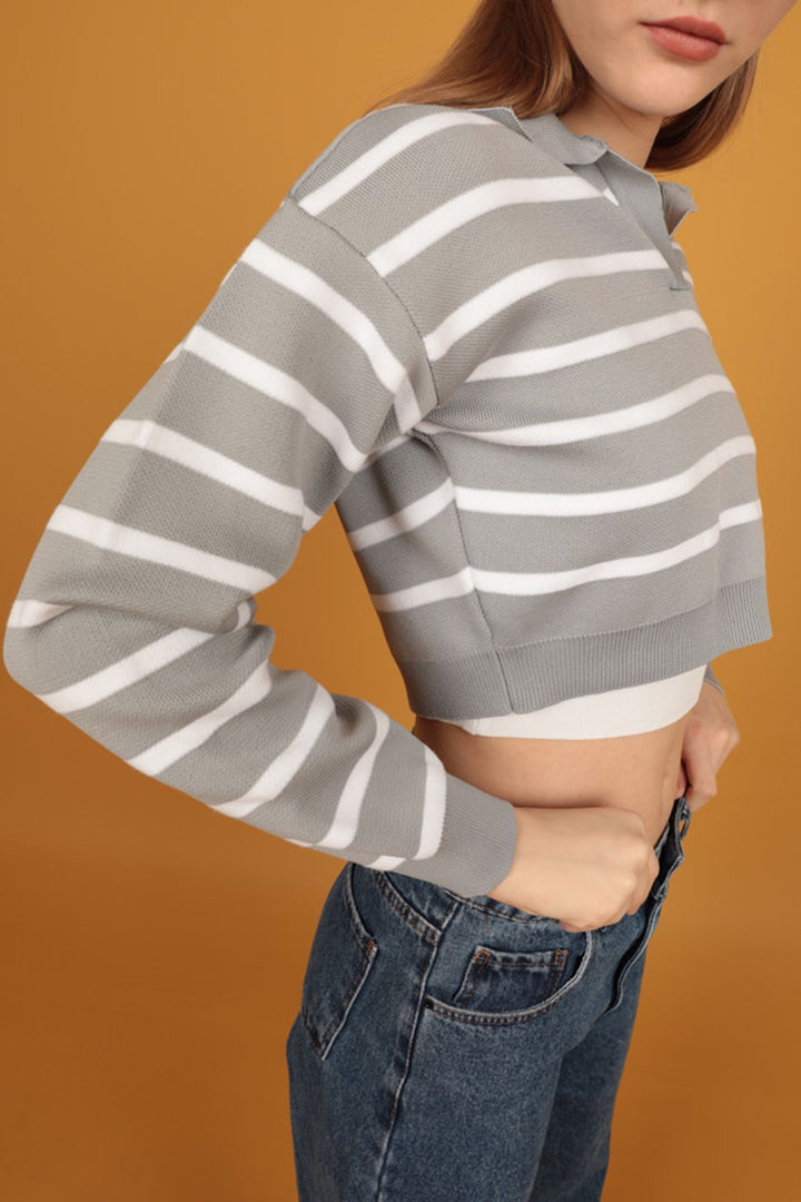 KKT Shirt Collar Knitwear Striped Crop-Grey - Placentia