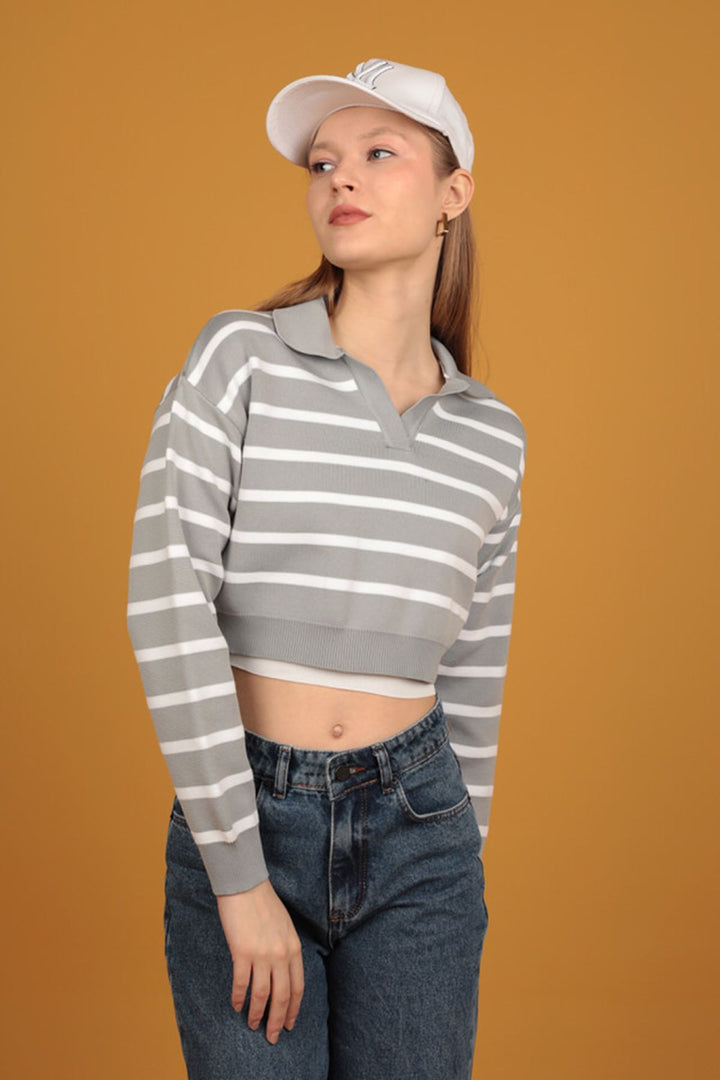 KKT Shirt Collar Knitwear Striped Crop-Grey - Placentia