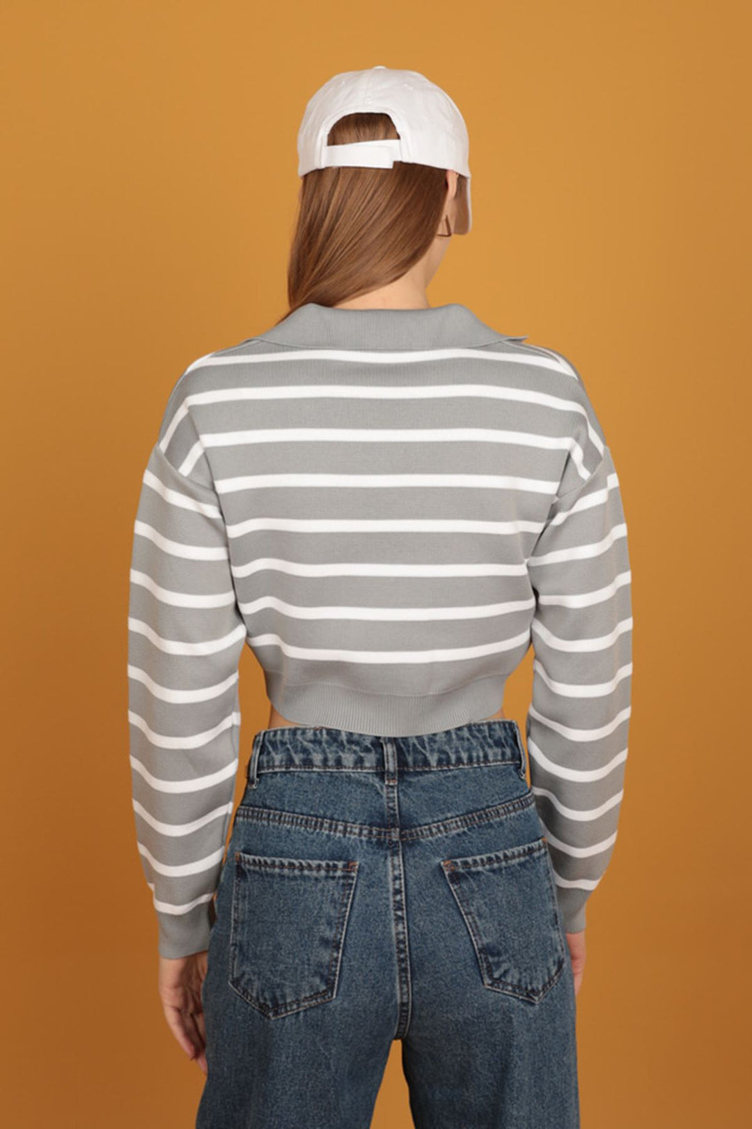 KKT Shirt Collar Knitwear Striped Crop-Grey - Placentia