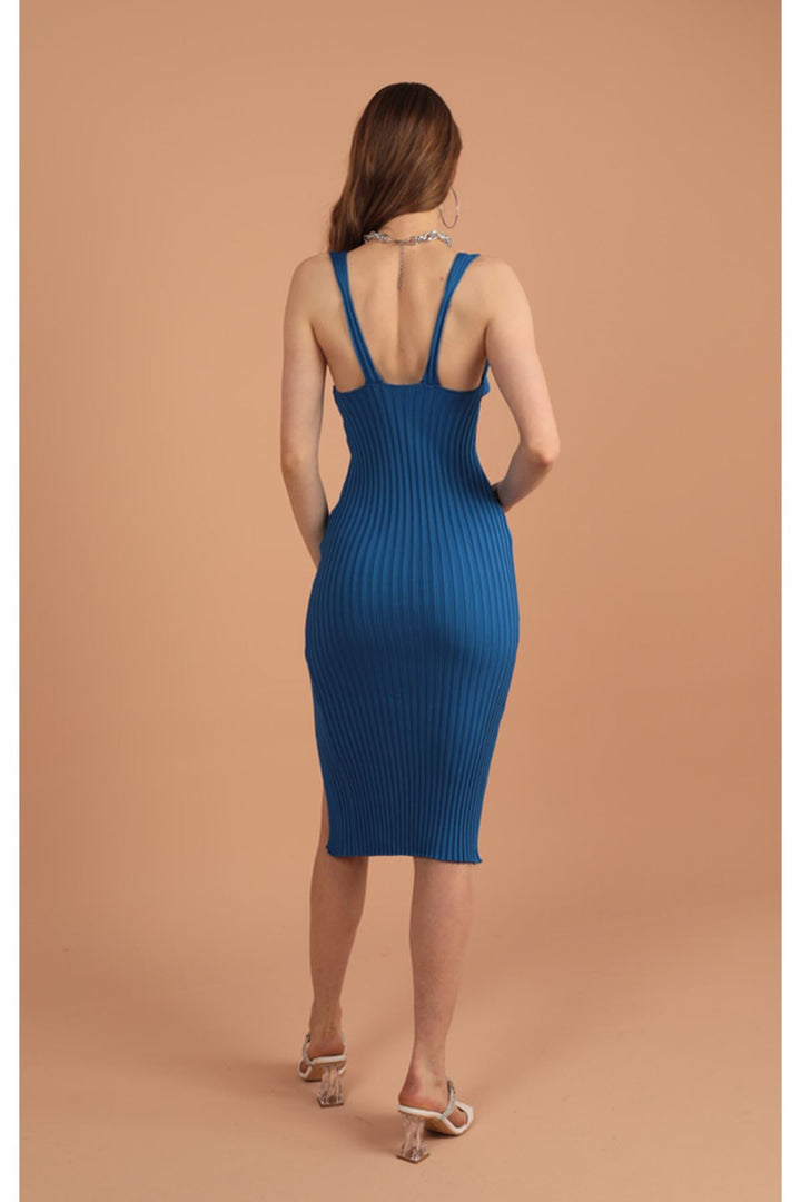 فستان KKT Knitwear برقبة على شكل حرف V للنساء - ساكس - مهمة