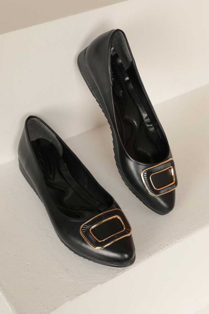 KKT Square Buckle Leather Women's Ballerinas-Black - Hemet