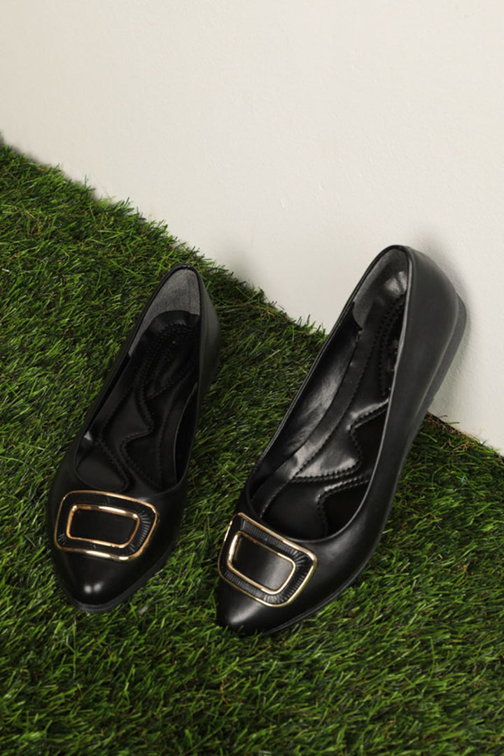 KKT Square Buckle Leather Women's Ballerinas-Black - Hemet