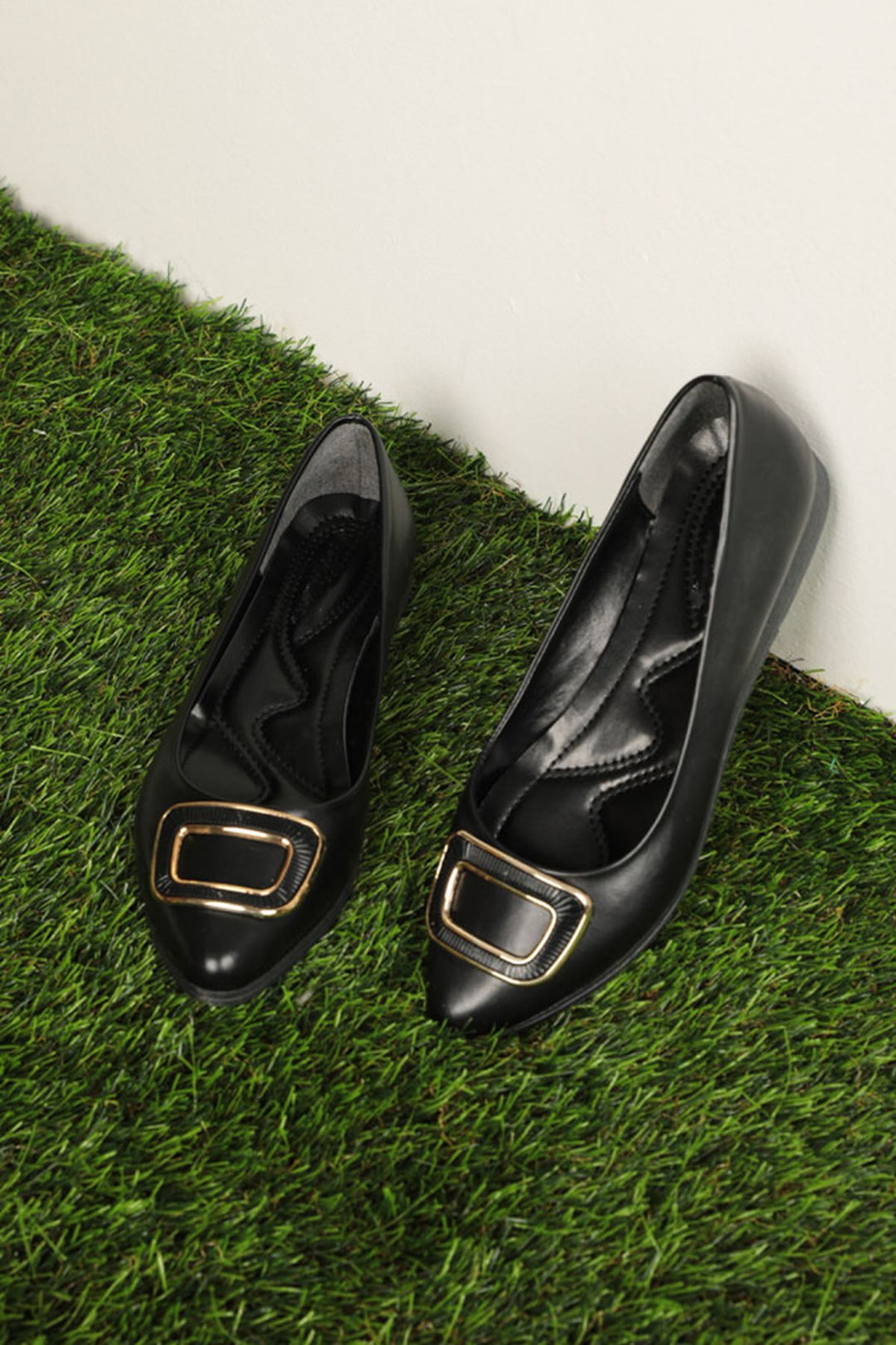 KKT Square Buckle Leather Women's Ballerinas-Black - Hemet