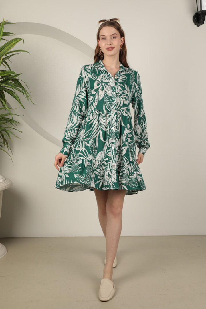 KKT Viscose Fabric Leaf Pattern Short Dress-Green - Tournai