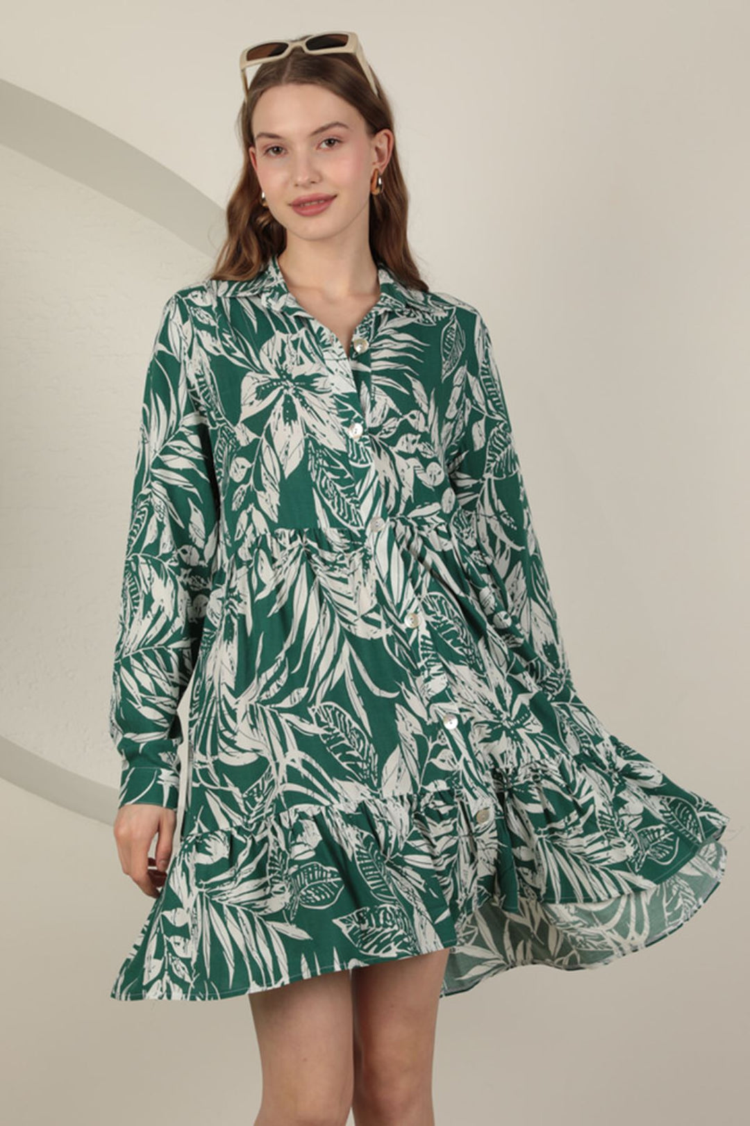 KKT Viscose Fabric Leaf Pattern Short Dress-Green - Tournai