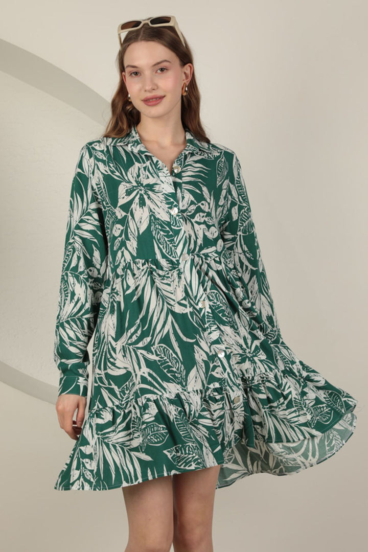 KKT Viscose Fabric Leaf Pattern Short Dress-Green - Tournai