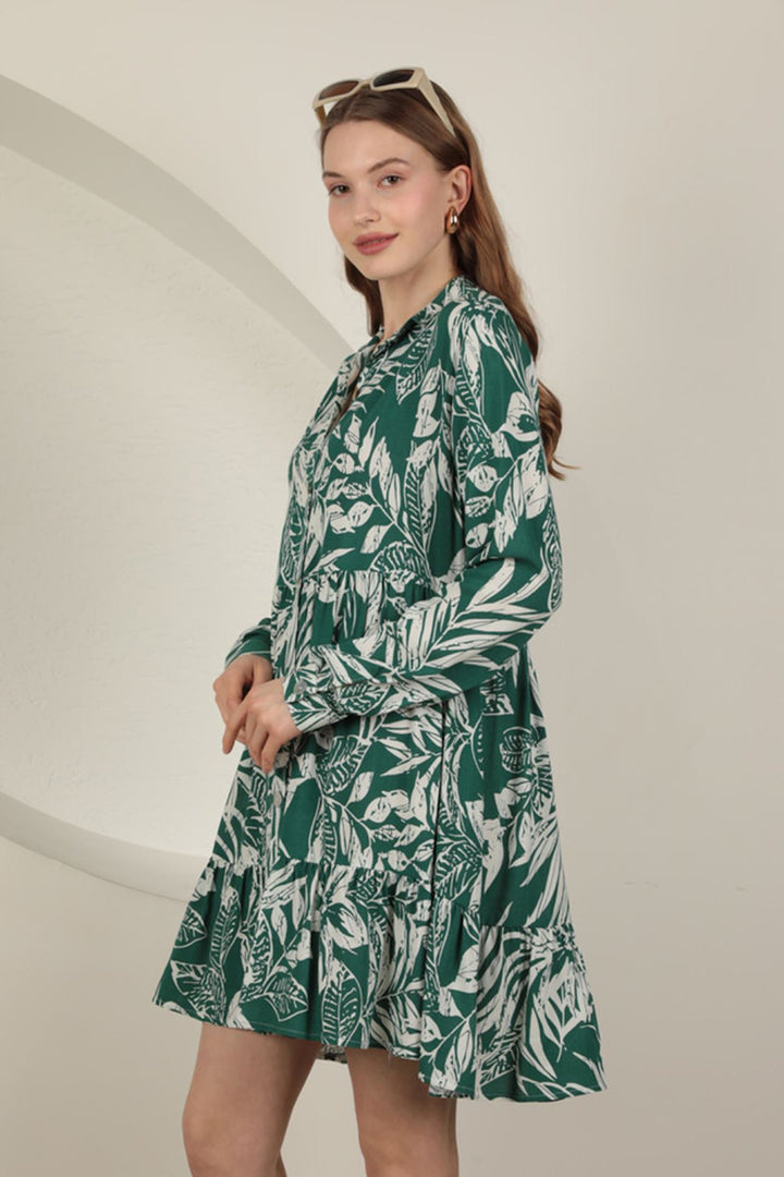 KKT Viscose Fabric Leaf Pattern Short Dress-Green - Tournai