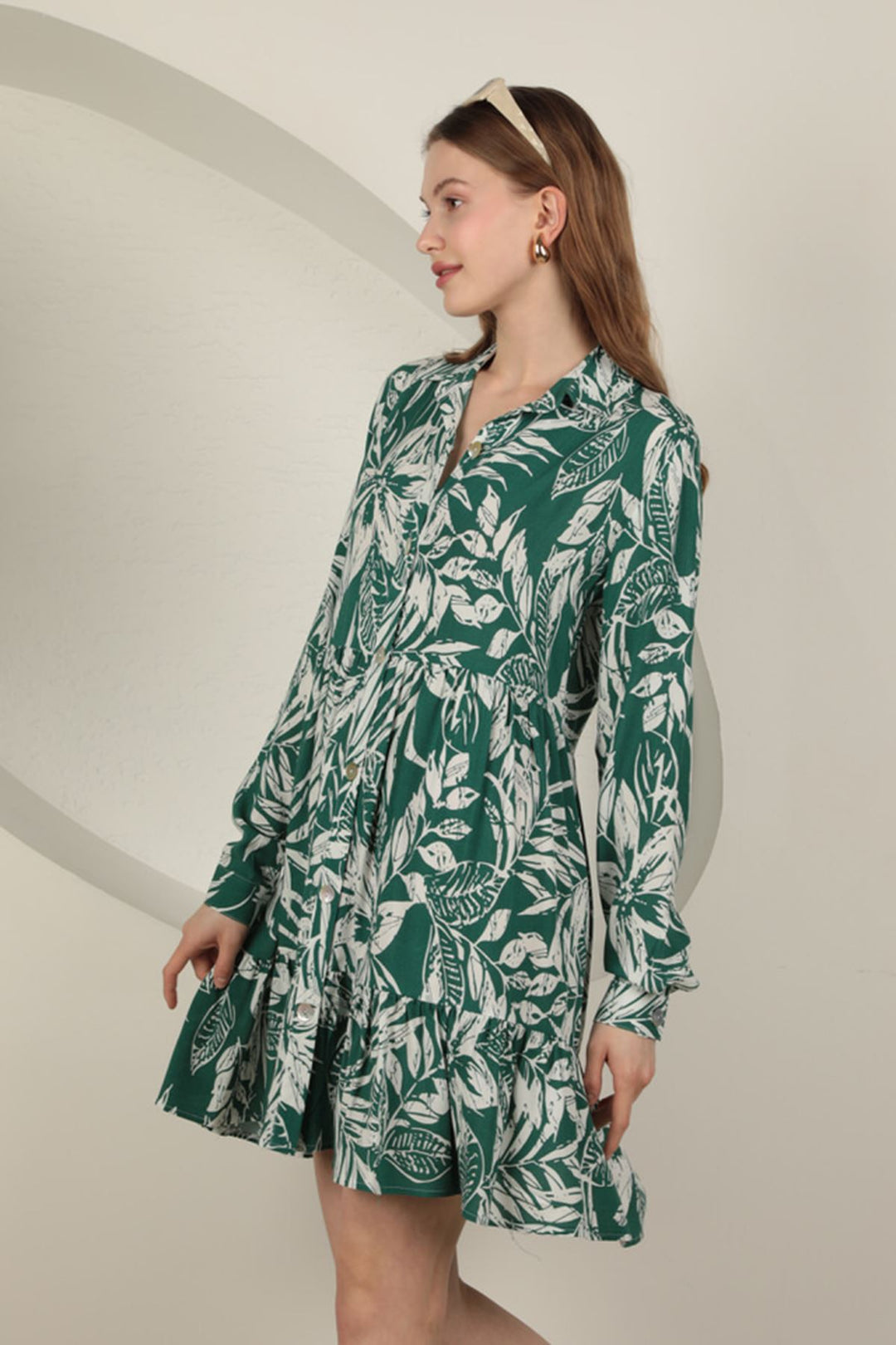 KKT Viscose Fabric Leaf Pattern Short Dress-Green - Tournai