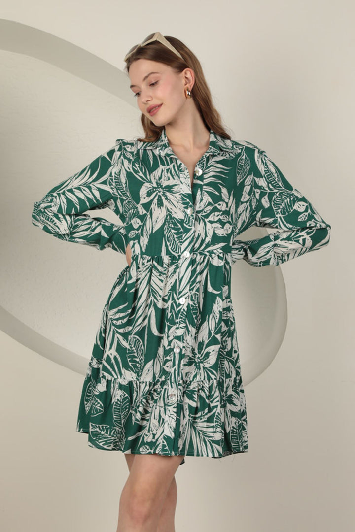 KKT Viscose Fabric Leaf Pattern Short Dress-Green - Tournai