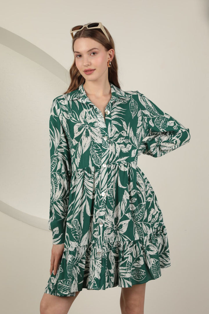 KKT Viscose Fabric Leaf Pattern Short Dress-Green - Tournai