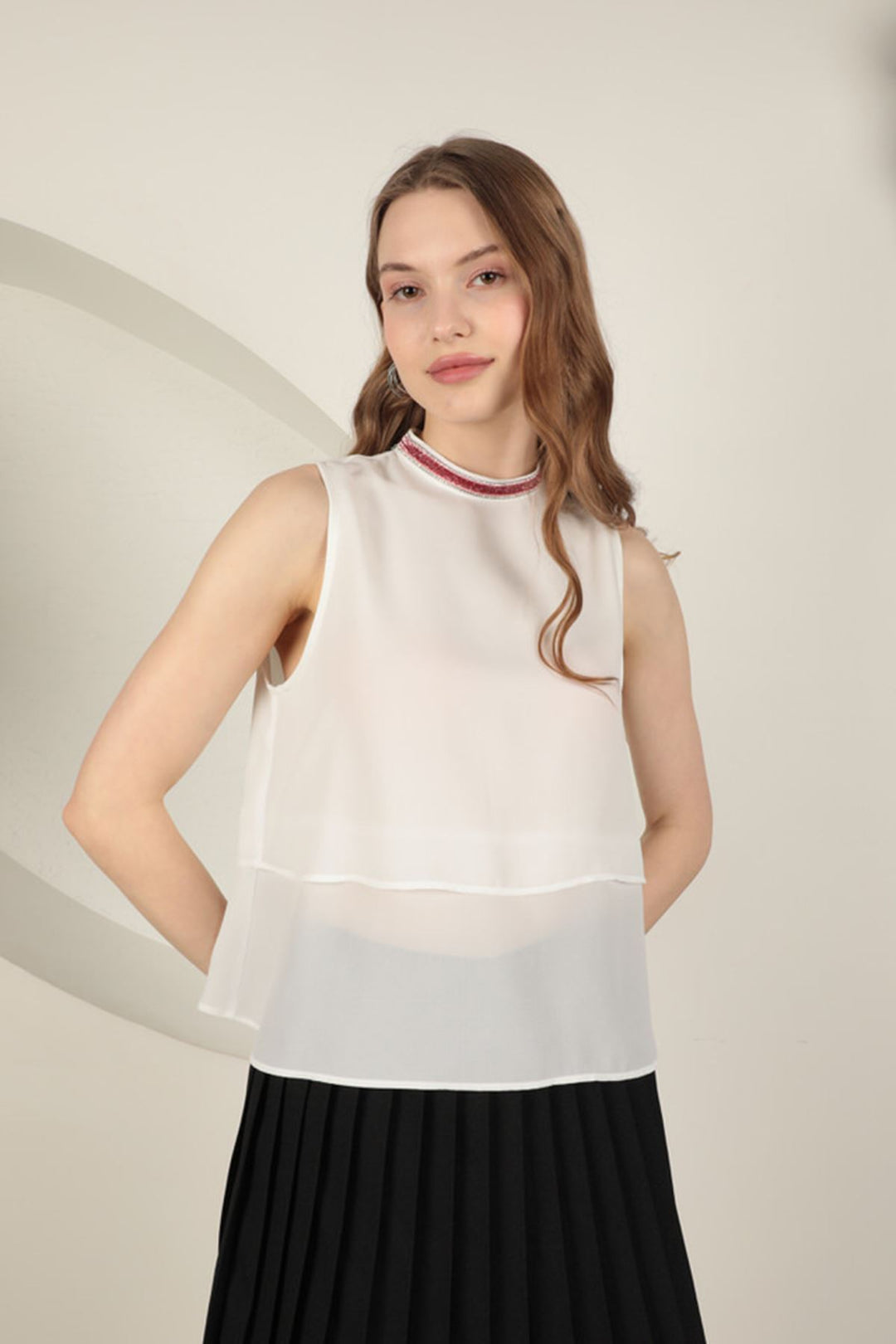 KKT Crepe Fabric Women's Blouse with Striped Stones - Ecru - Almere