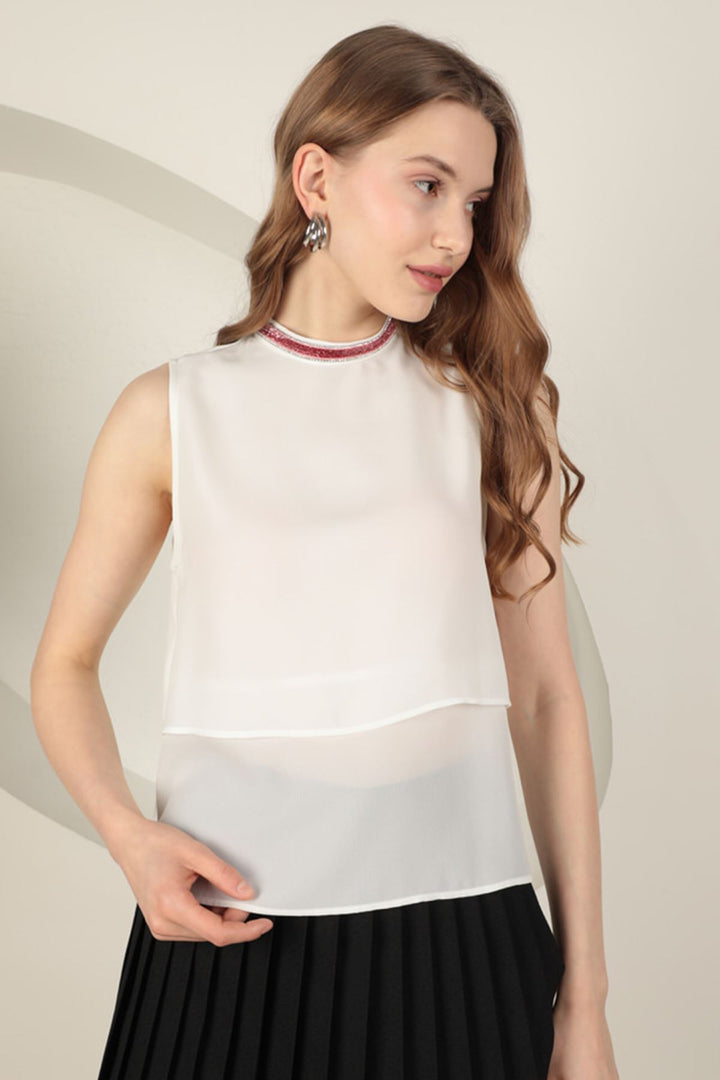 KKT Crepe Fabric Women's Blouse with Striped Stones - Ecru - Almere