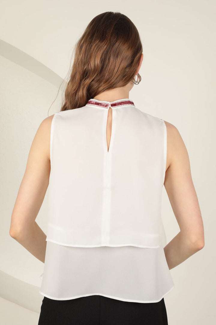 KKT Crepe Fabric Women's Blouse with Striped Stones - Ecru - Almere