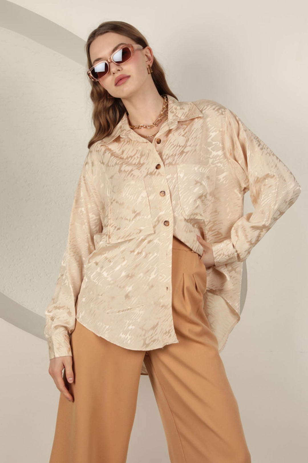 KKT Jacquard Fabric Satin Women's Two Pocket Shirt-Stone  - Vigo
