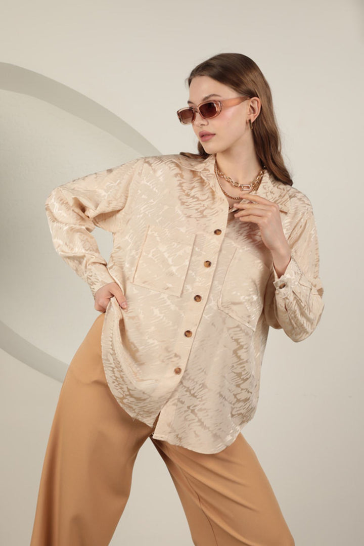 KKT Jacquard Fabric Satin Women's Two Pocket Shirt-Stone  - Vigo