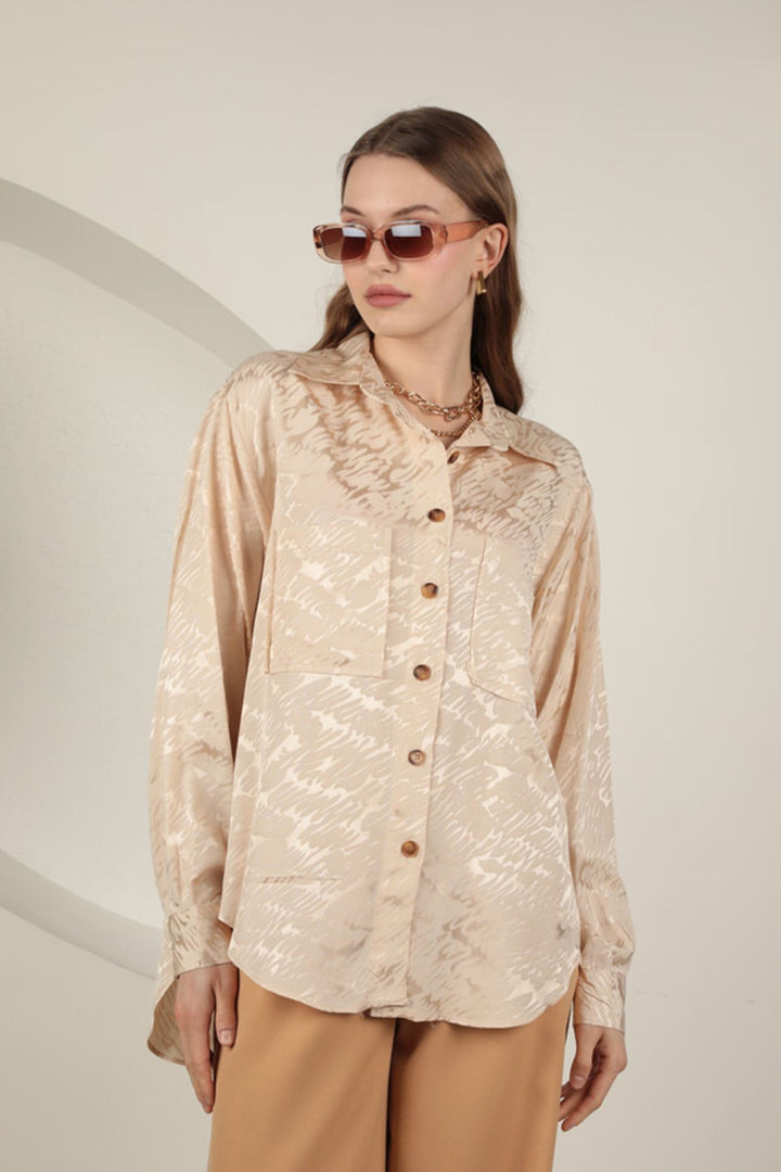 KKT Jacquard Fabric Satin Women's Two Pocket Shirt-Stone  - Vigo