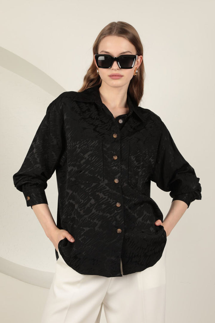 KKT Jacquard Fabric Satin Women's Two Pocket Shirt-Black - Modica