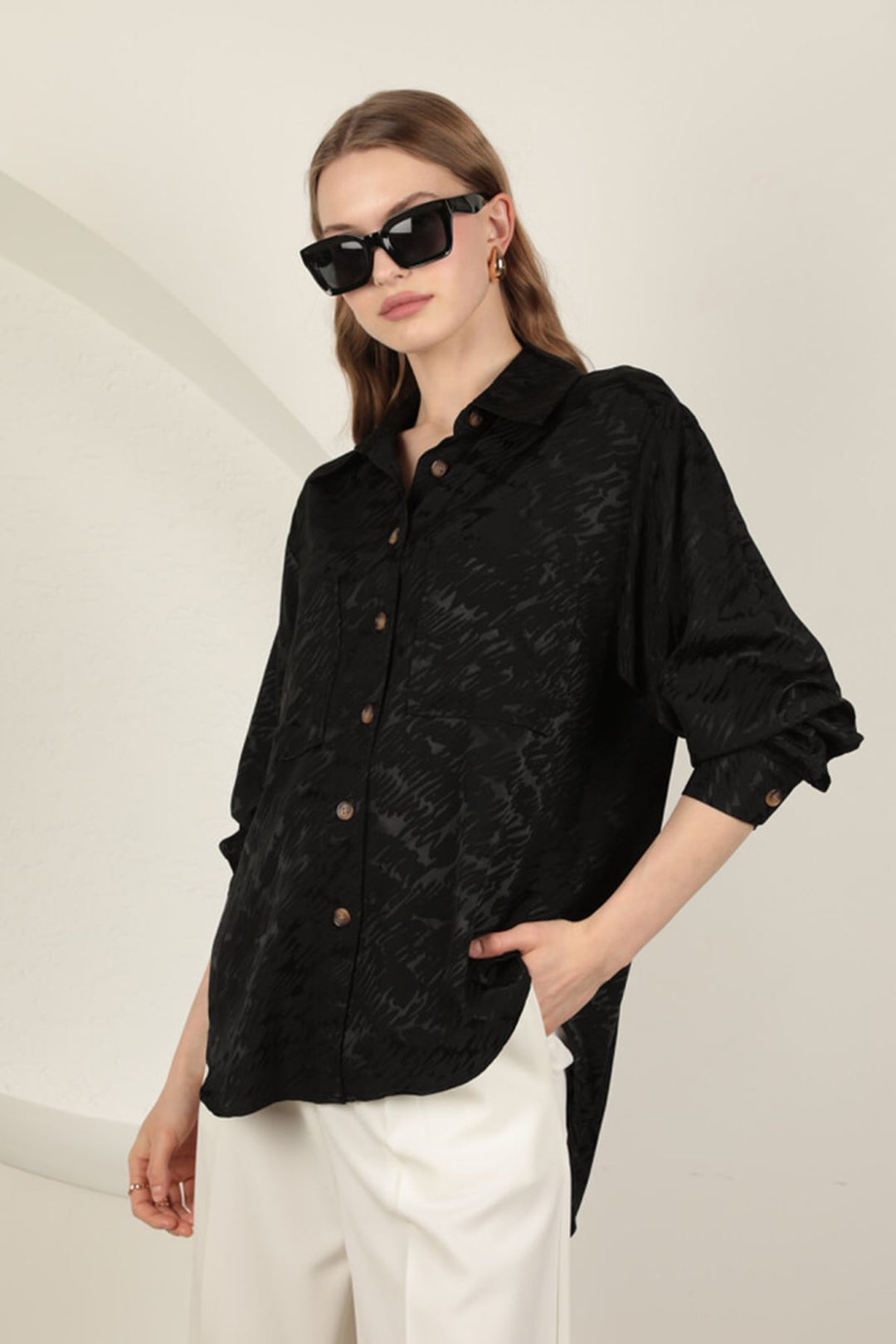 KKT Jacquard Fabric Satin Women's Two Pocket Shirt-Black - Modica