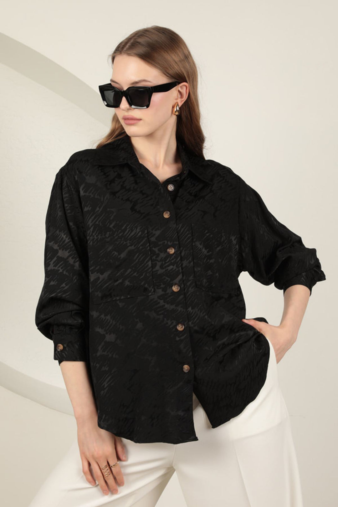 KKT Jacquard Fabric Satin Women's Two Pocket Shirt-Black - Modica