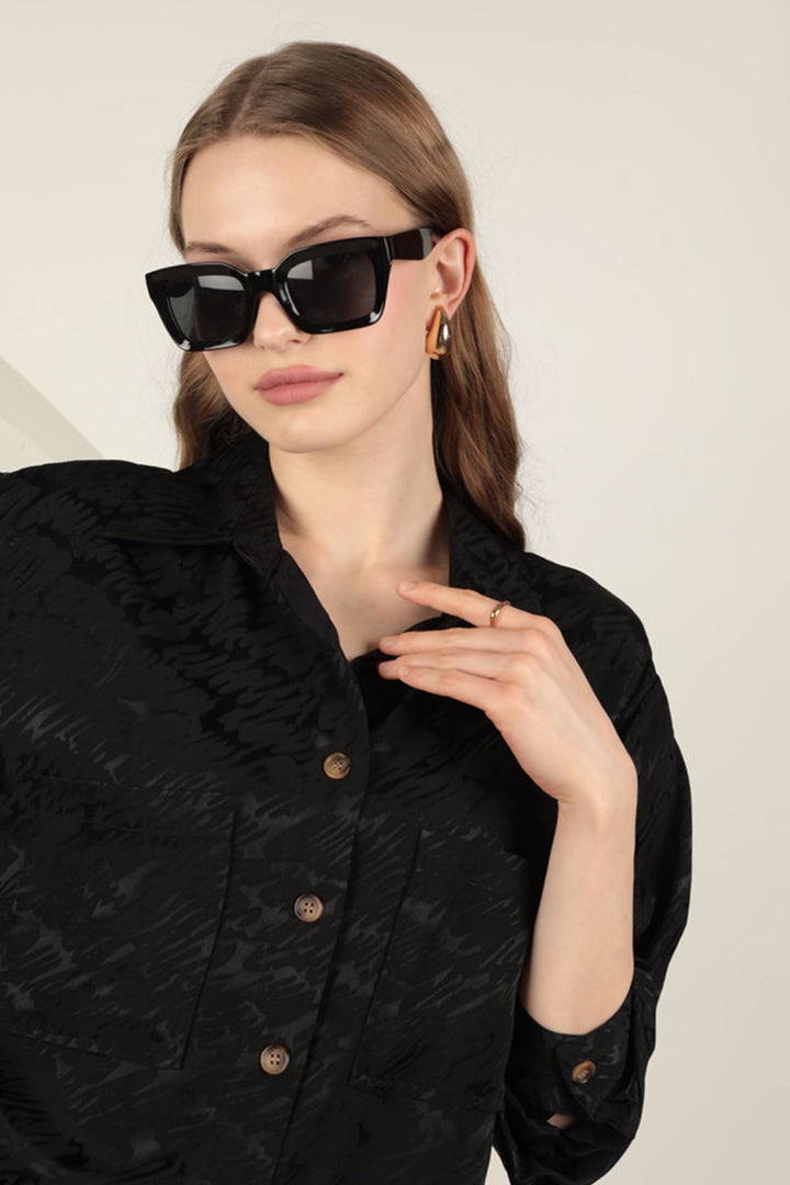 KKT Jacquard Fabric Satin Women's Two Pocket Shirt-Black - Modica