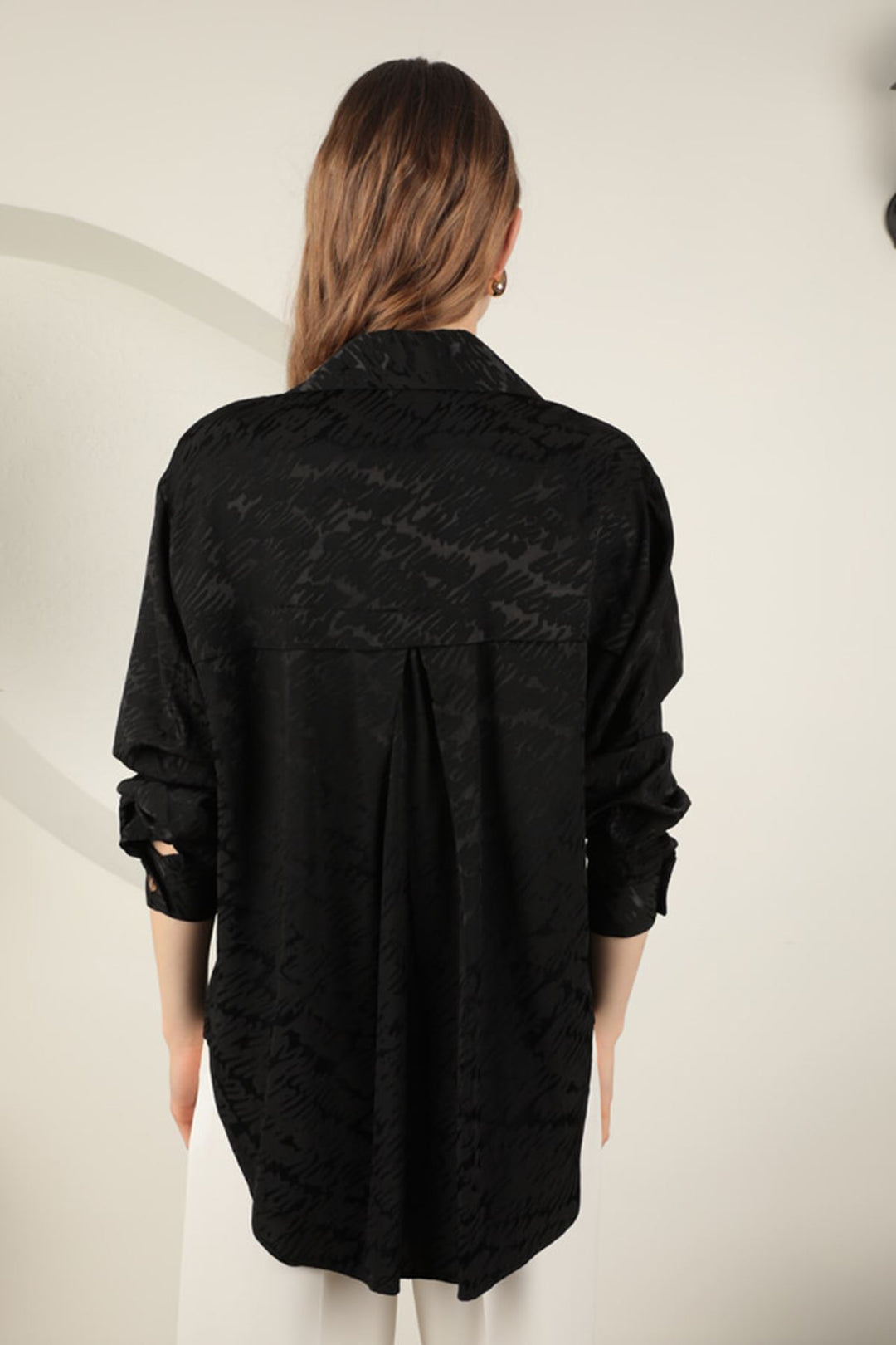 KKT Jacquard Fabric Satin Women's Two Pocket Shirt-Black - Modica