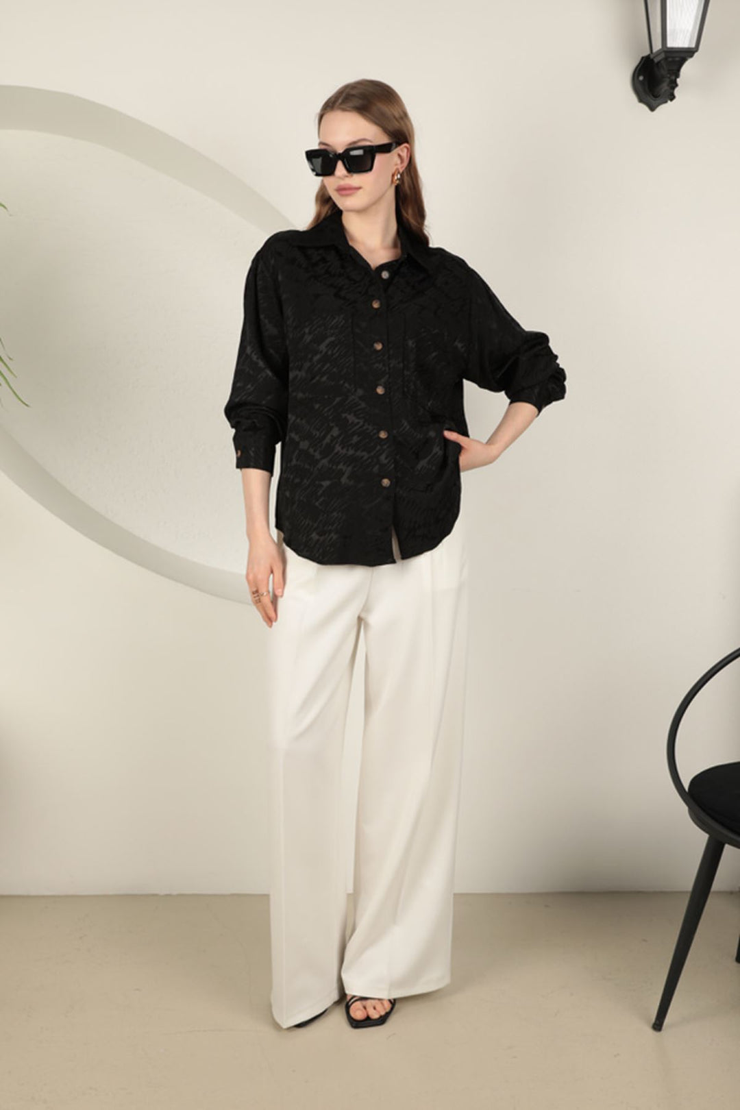 KKT Jacquard Fabric Satin Women's Two Pocket Shirt-Black - Modica