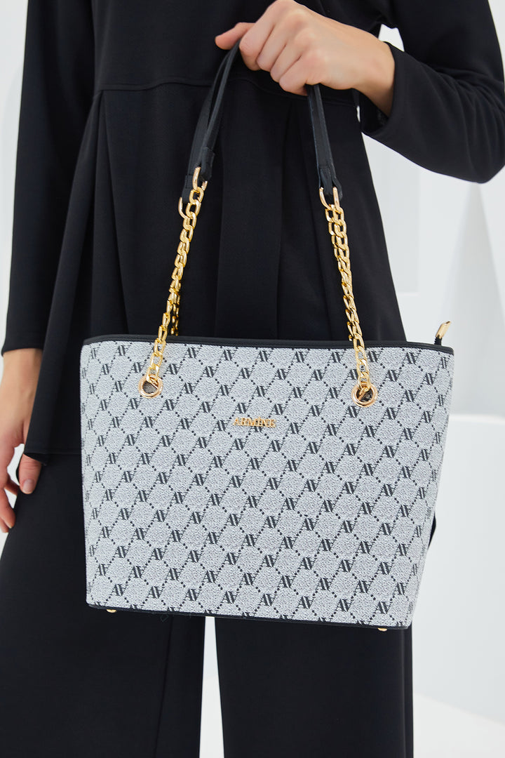 BGD Women Armine Women's Gray Black Patterned Shoulder Bag with Chain Detail 010163 - Avondale