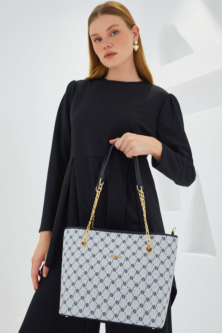 BGD Women Armine Women's Gray Black Patterned Shoulder Bag with Chain Detail 010163 - Avondale