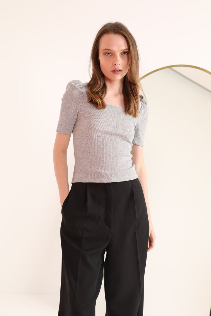 KKT Camisole Fabric Square Collar Watermelon Sleeve Women's Blouse-Gray Melange - Wimbledon