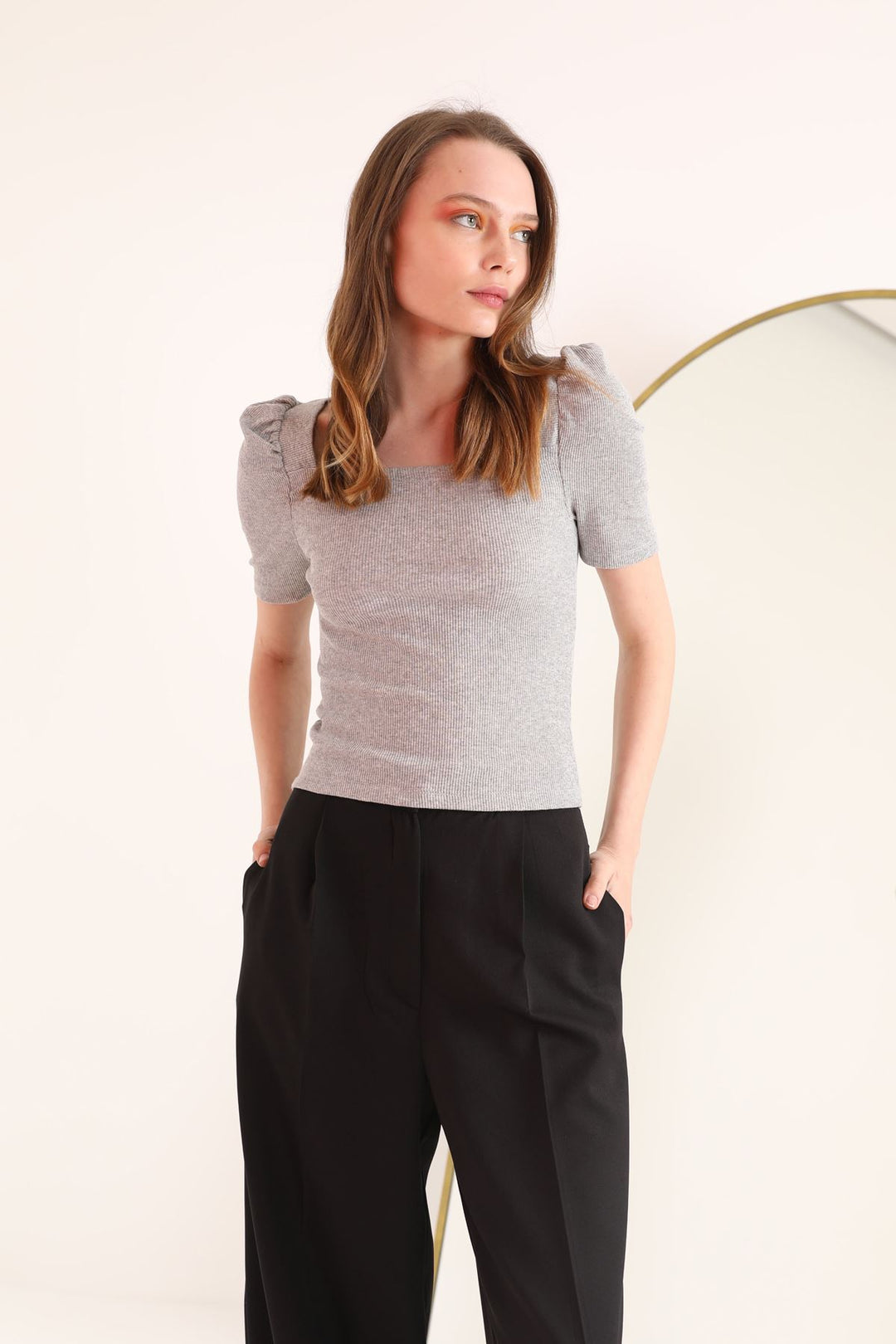 KKT Camisole Fabric Square Collar Watermelon Sleeve Women's Blouse-Gray Melange - Wimbledon