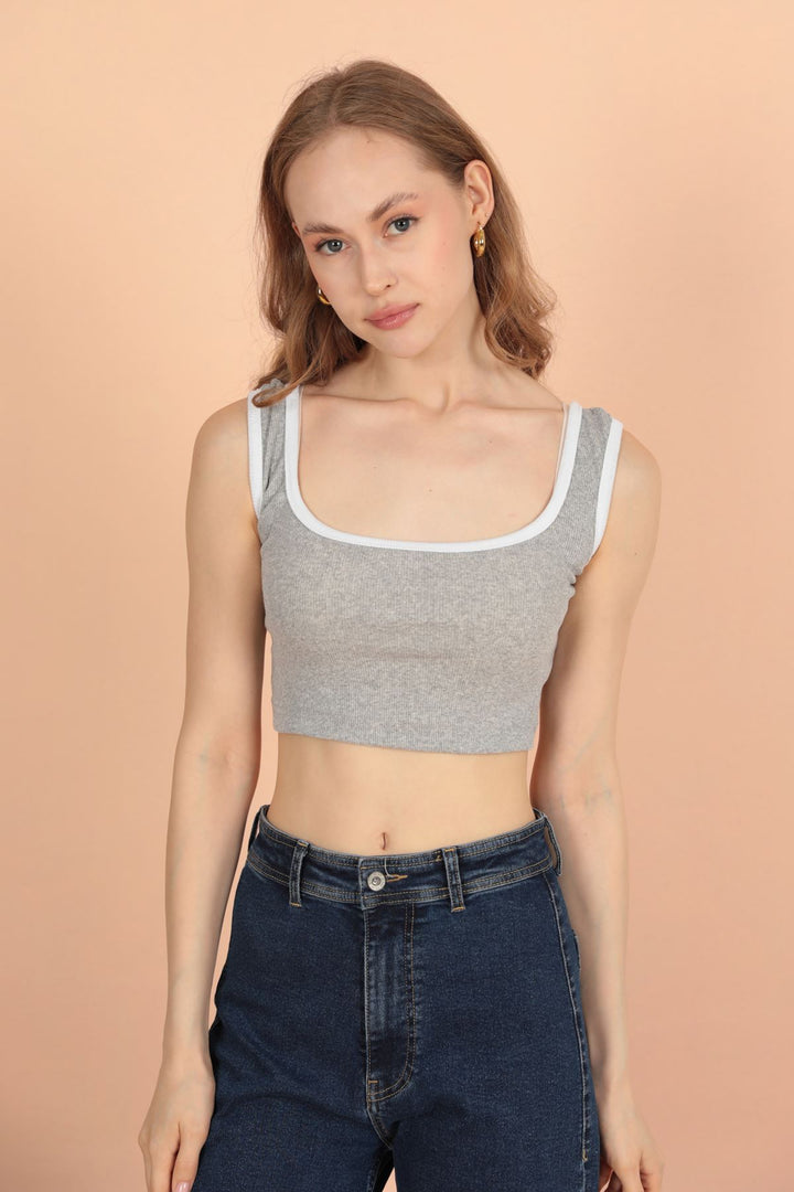 KKT Kaşkorse Kumaş Kadın Crop-Gri - هوبوكين