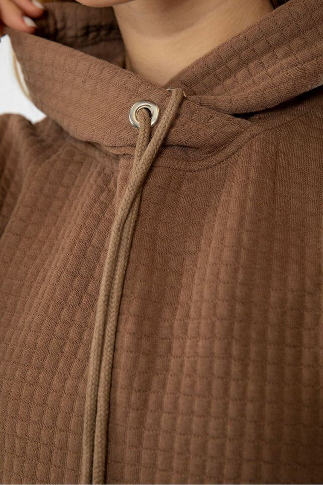 KKT Honeycomb Fabric Long Sleeve Hooded Hip Height Oversize Women Sweatshirt - Chanterelle  - Vila do Conde